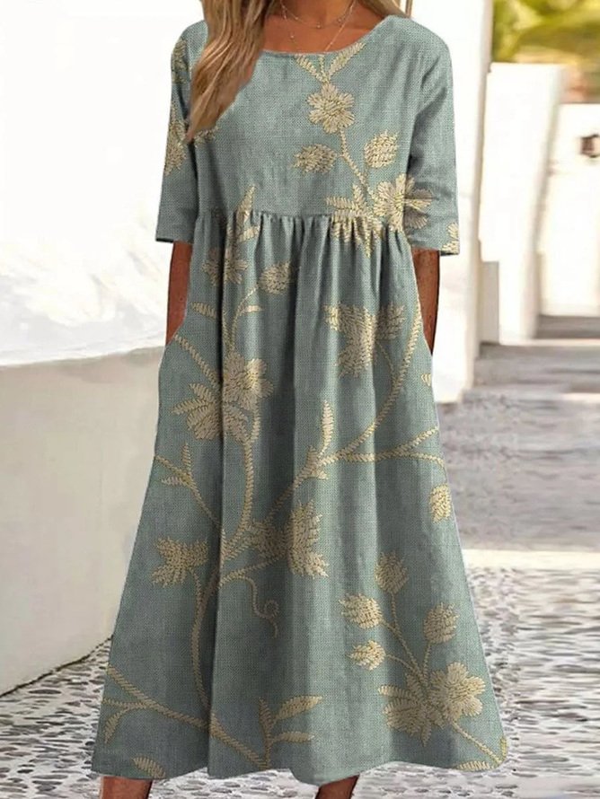 Loose Vintage Floral Crew Neck Dress With No