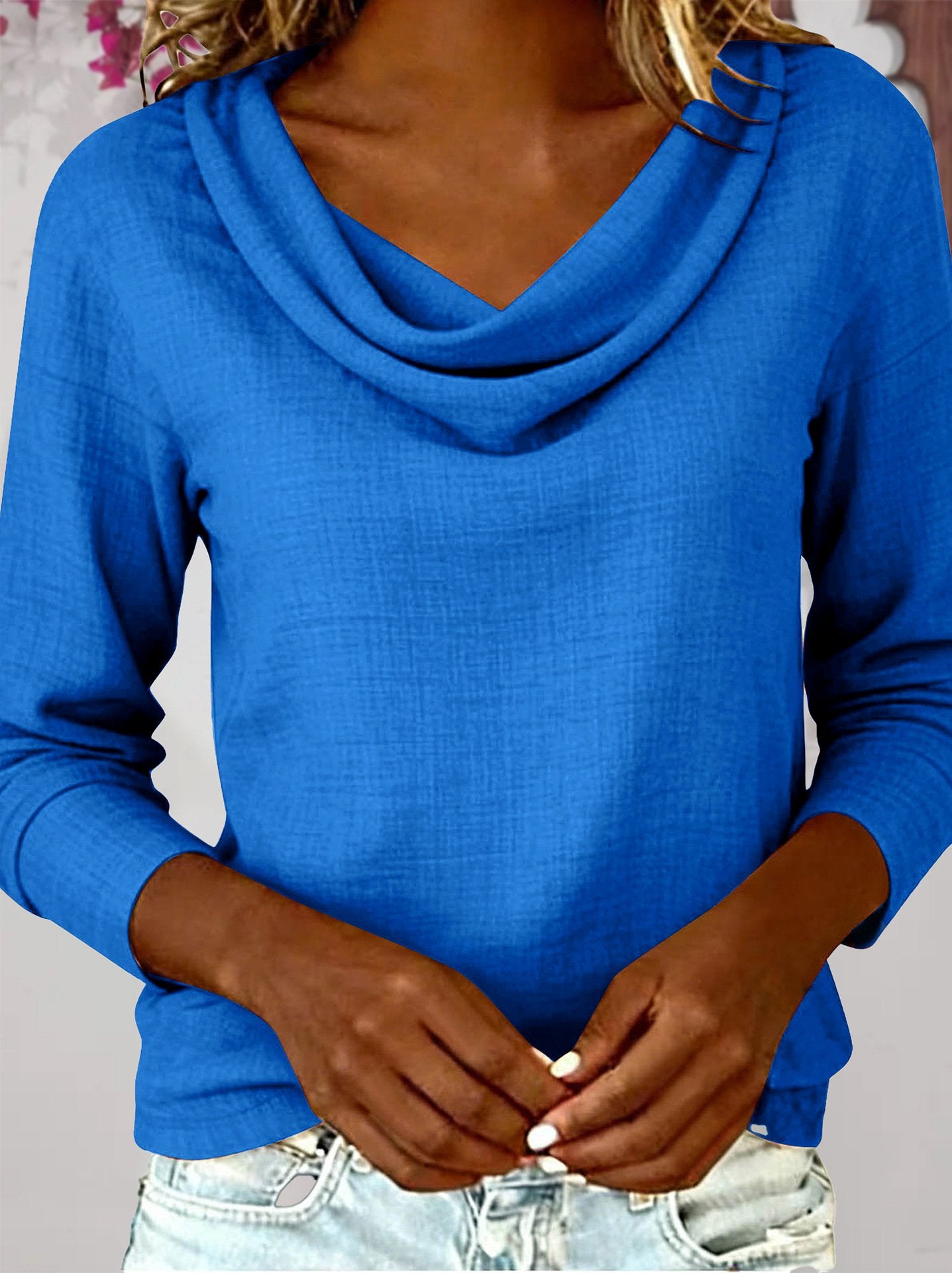 Plain Cowl Neck Vintage Linen Blend T-Shirt