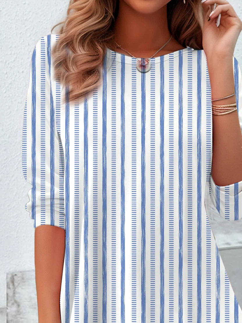 Women's Long Sleeve T-shirt Spring/Fall Blue Striped Jersey Crew Neck Daily Going Out Casual Top