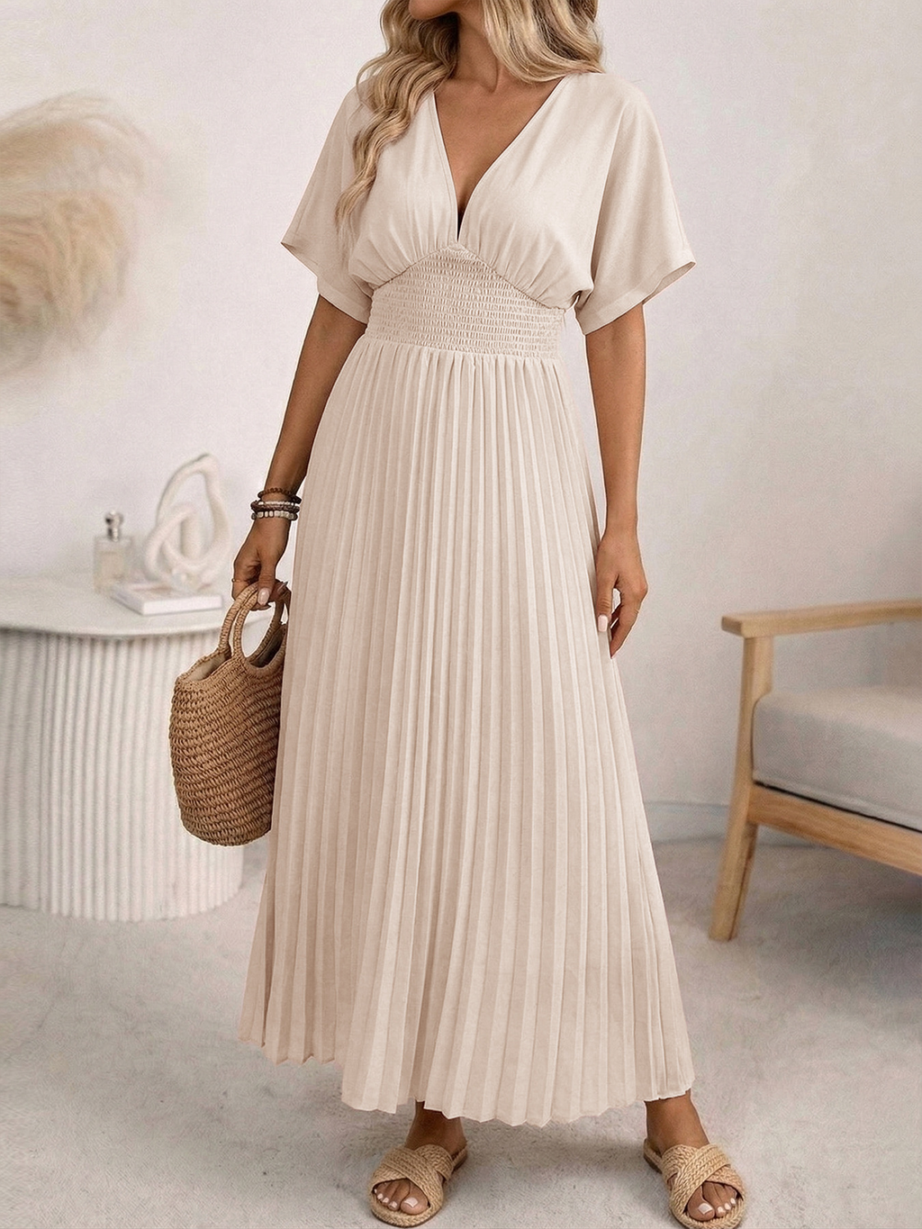Plain Batwing Short Sleeve V Neck Pleated A-Shape Skirt Elegant Maxi Dress
