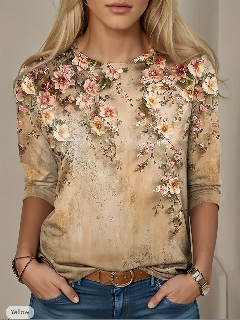 Women's Long Sleeve T-shirt Spring/Fall Khaki Floral Printing Jersey Crew Neck Daily Going Out Casual Top