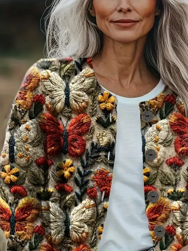 Regular Fit Floral Casual Crew Neck Cardigan