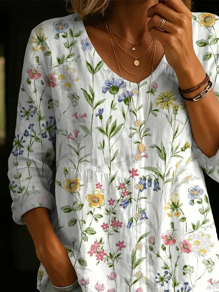 Women's Long Sleeve Blouse Spring/Fall White Floral Printing V Neck Daily Going Out Casual Top