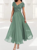 Women's Short Sleeve Summer Plain Lace V Neck Elegant Maxi X-Line Wedding Guest Mother of the Bride Formal Dress