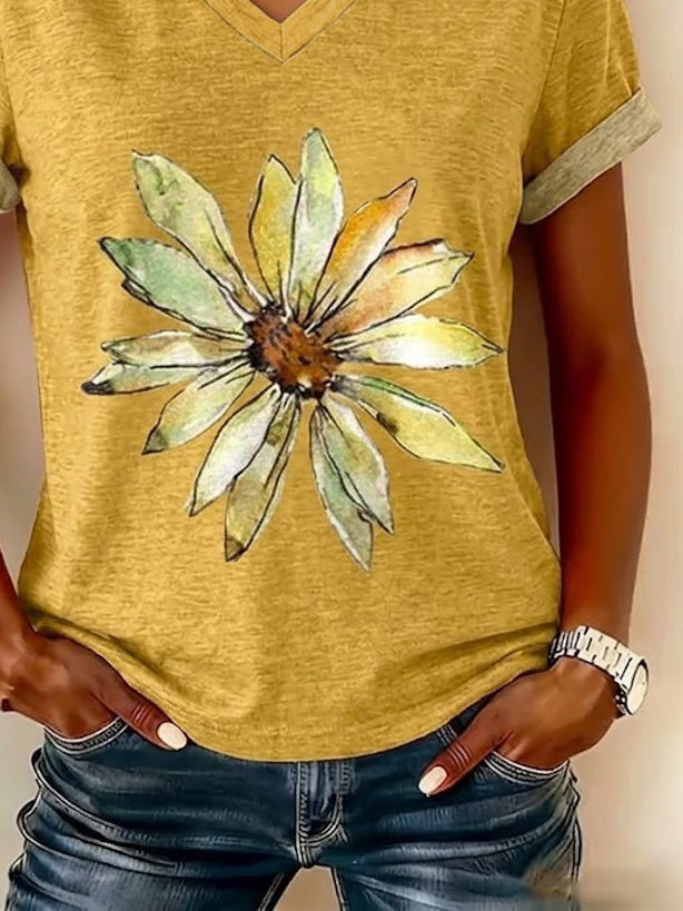 Women's Short Sleeve T-shirt Summer Yellow Floral Printing V Neck Holiday Going Out Vintage Top