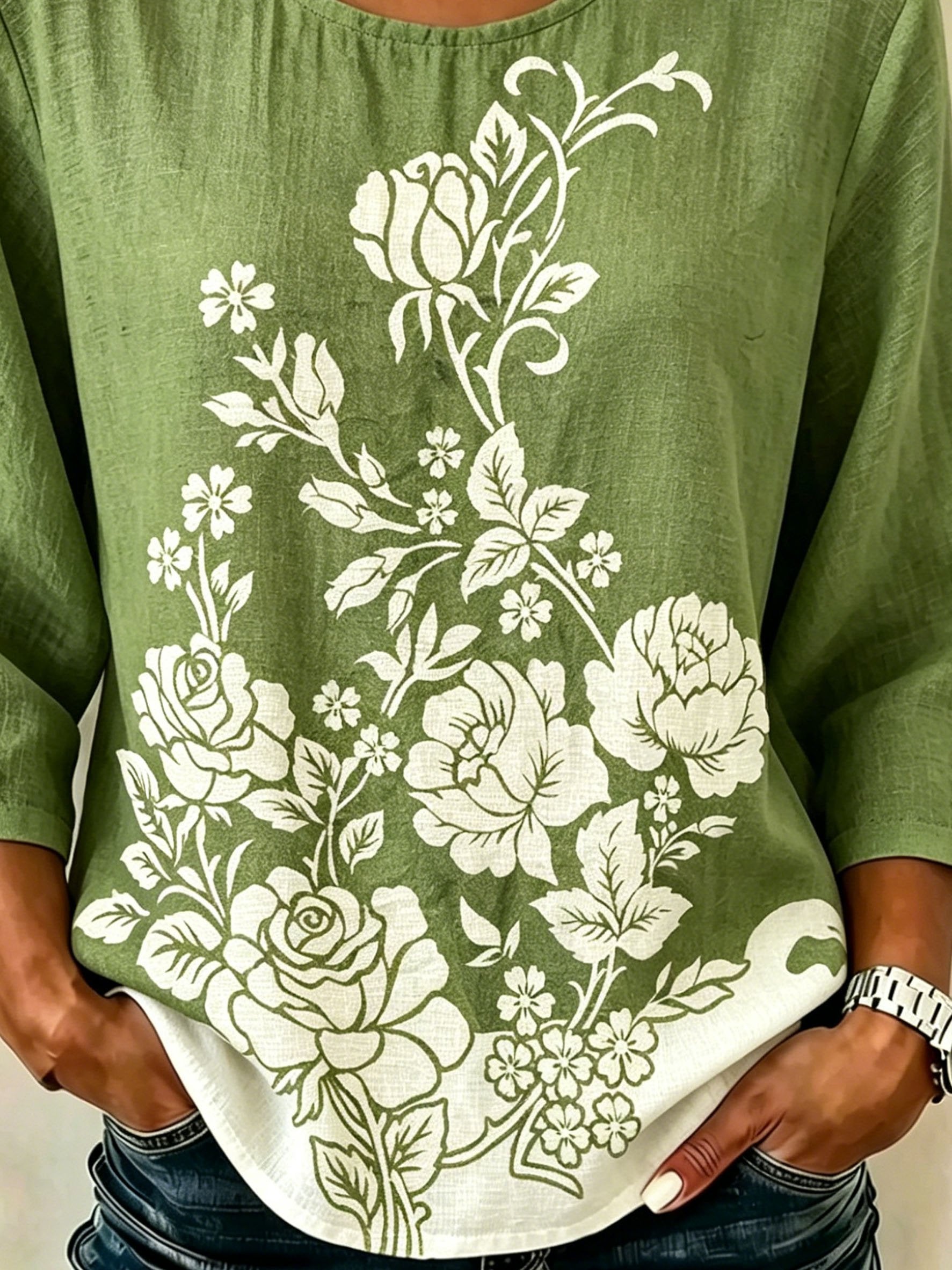 Vintage Botanical Pattern Round Neck Short Sleeve Daily Going Out Casual Top