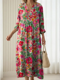 Linen Blend V Neck Casual Dress With No