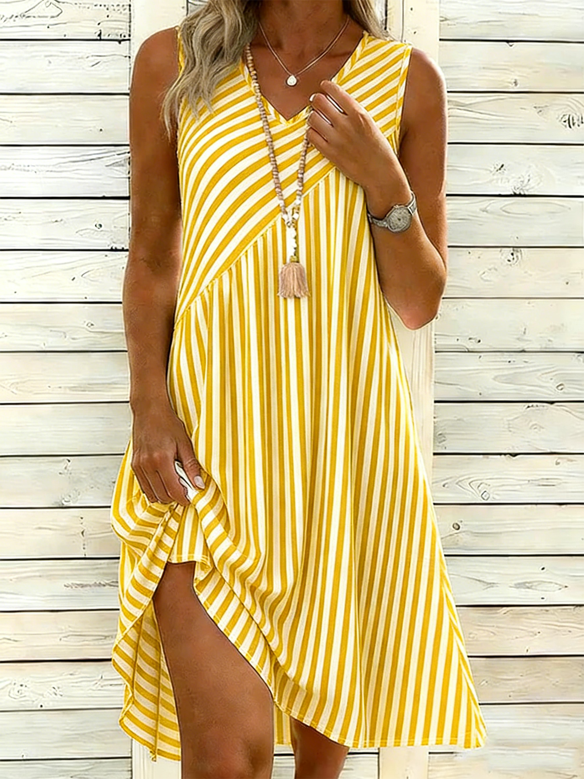 Women Striped Summer Dress V Neck Sleeveless Tank A-Line Dress