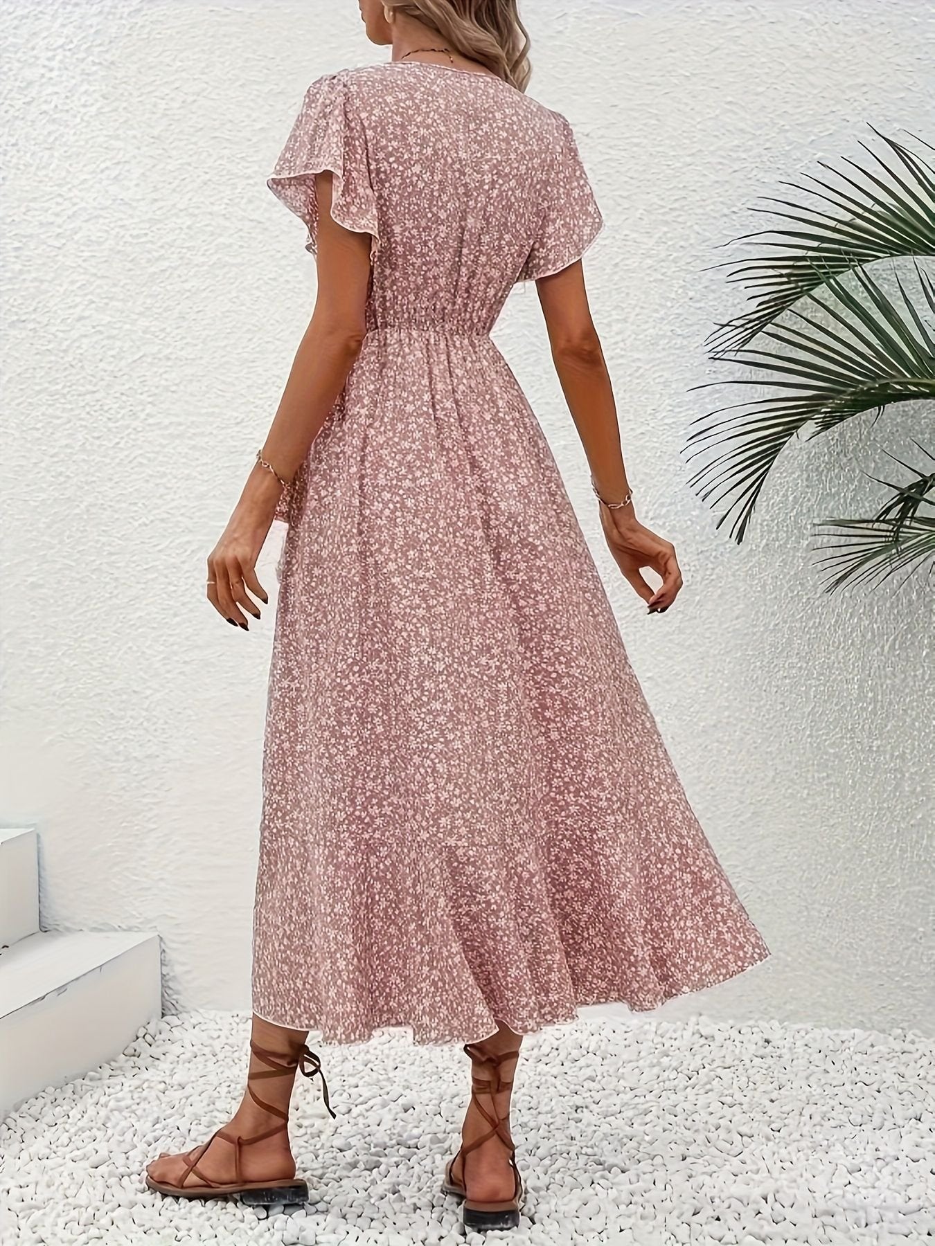 V Neck Ditsy Floral Regular Fit Elegant Dress With No