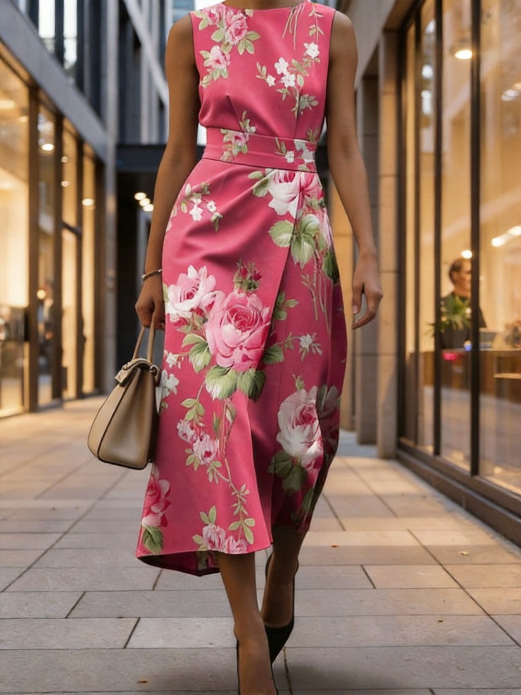 Pink Floral Sleeveless Midi Dress A-Line Wedding Guest Cocktail Dress