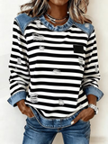 Women's Stripe Print Patchwork Denim Crewneck Long-Sleeved Sweatshirt