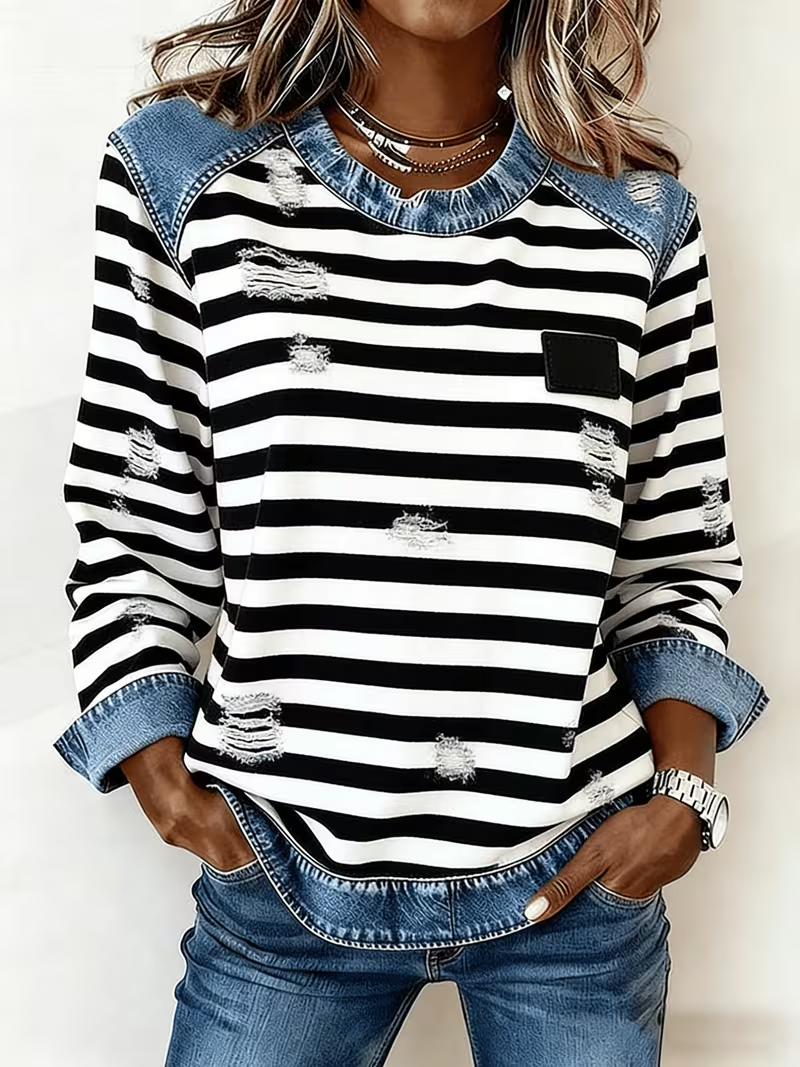 Women's Stripe Print Patchwork Denim Crewneck Long-Sleeved Sweatshirt