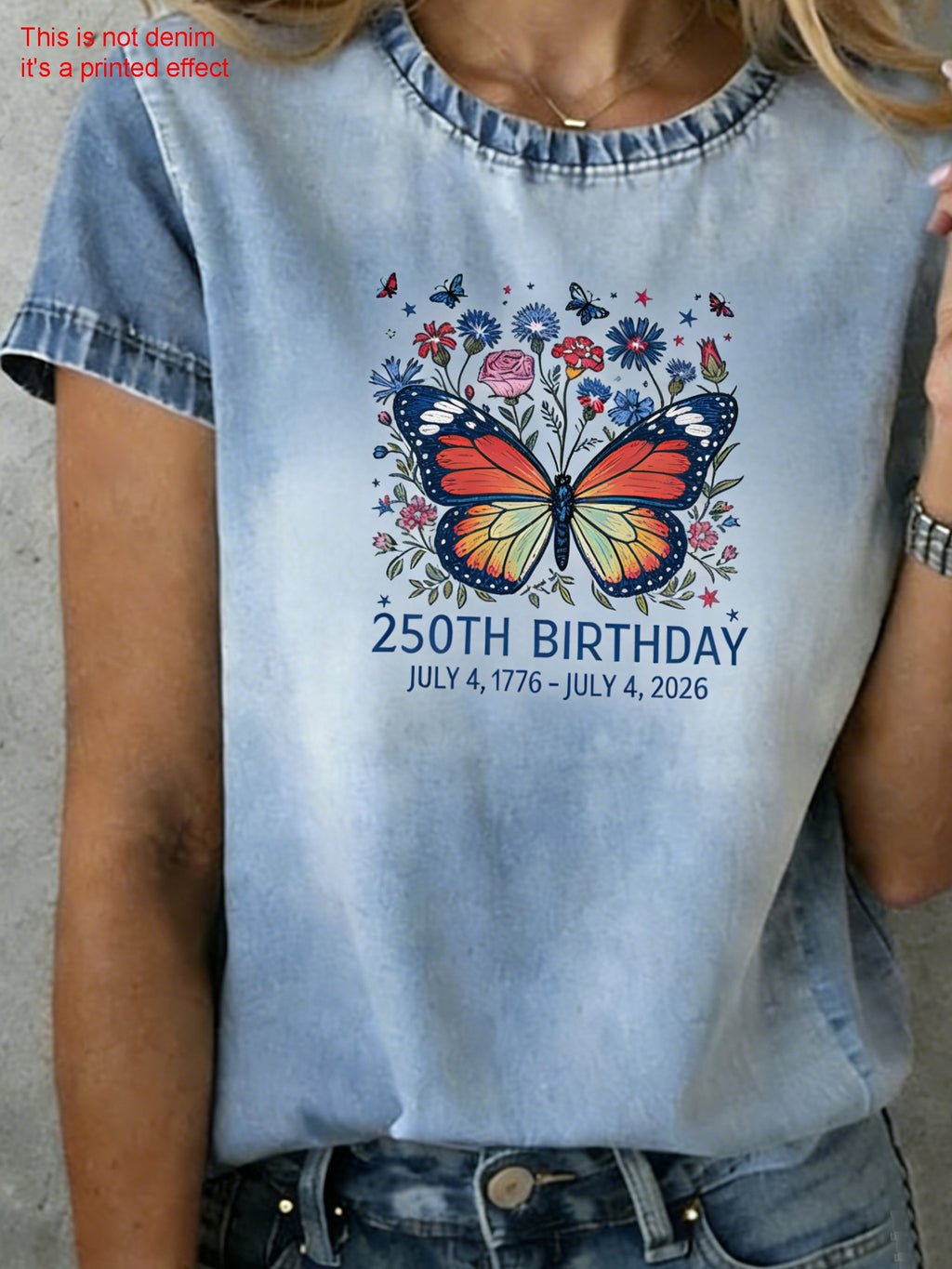 3D Printing Butterfly Round Neck Short Sleeve 250th Anniversary Letter Pattern Summer Casual T-Shirt