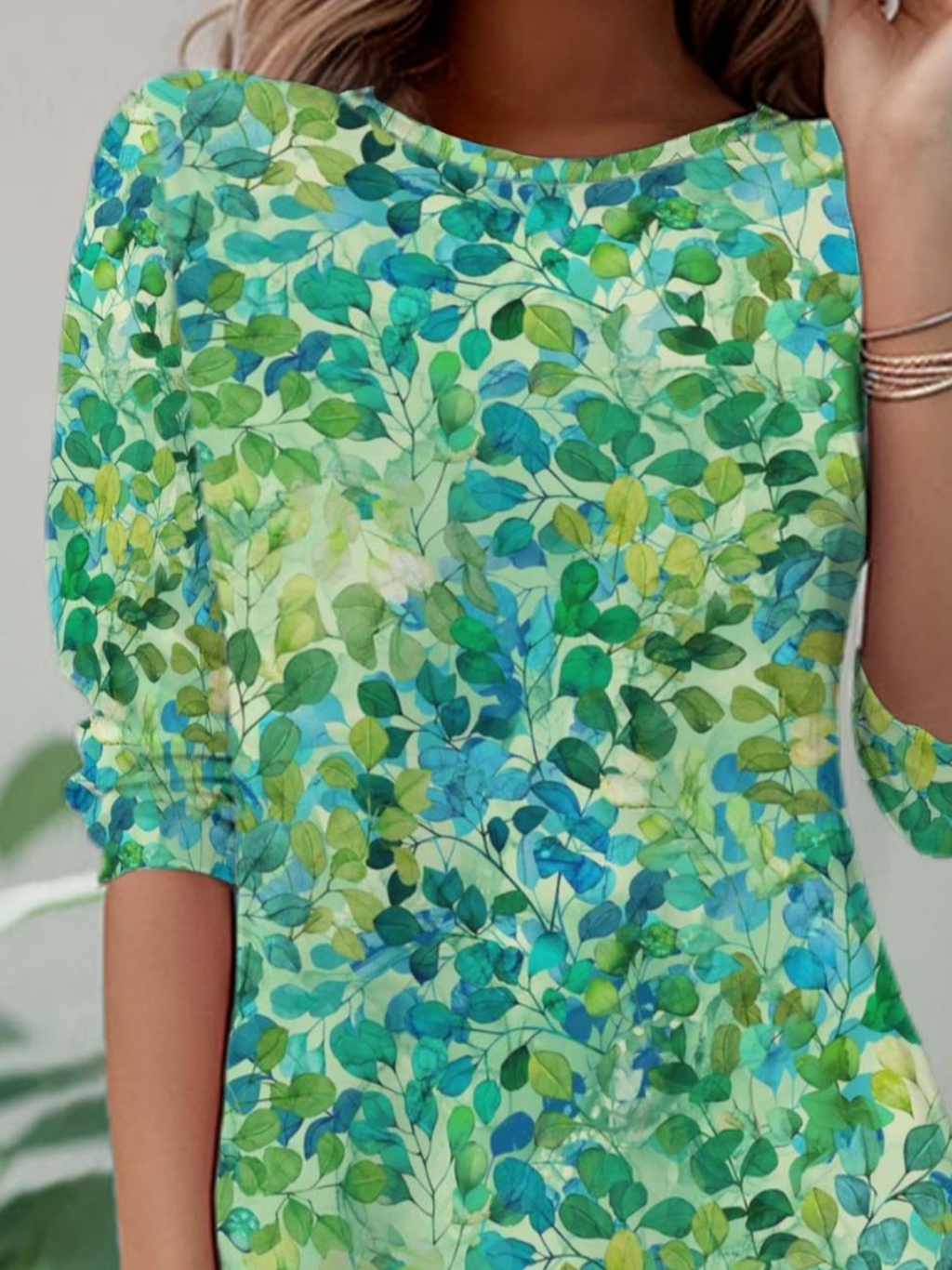 Women's Long Sleeve T-shirt Spring/Fall Green Leaf Printing Jersey Crew Neck Daily Going Out Casual Top