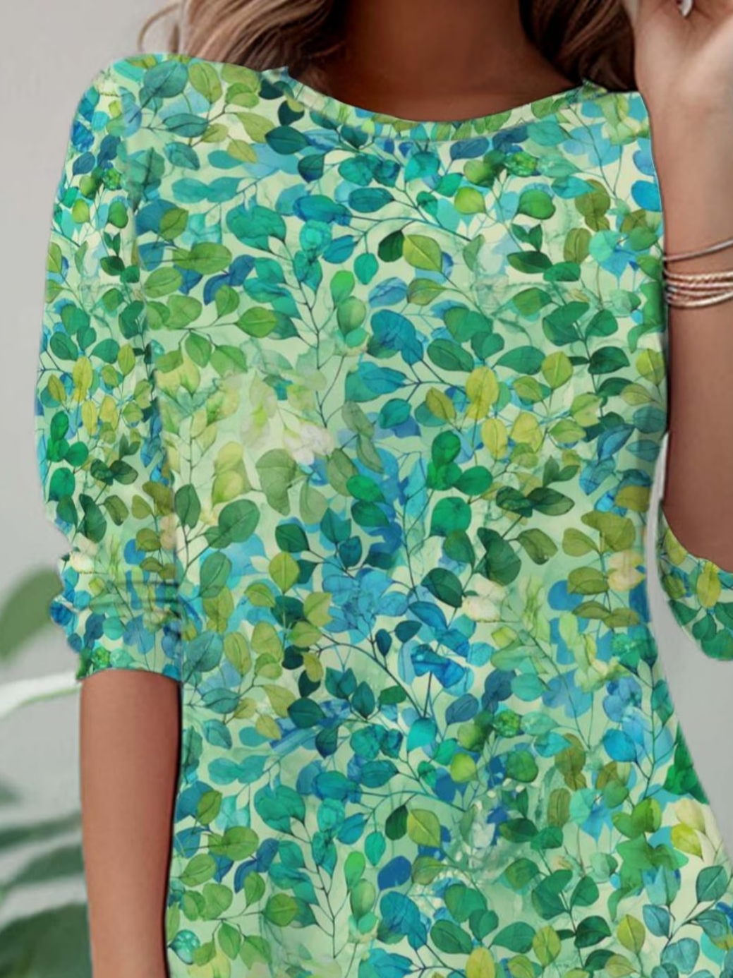 Women's Long Sleeve T-shirt Spring/Fall Green Leaf Printing Jersey Crew Neck Daily Going Out Casual Top