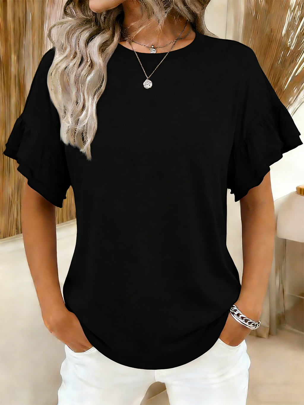 Cotton Ruffle Sleeve Crew Neck Elegant T-Shirt