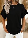 Cotton Ruffle Sleeve Crew Neck Elegant T-Shirt