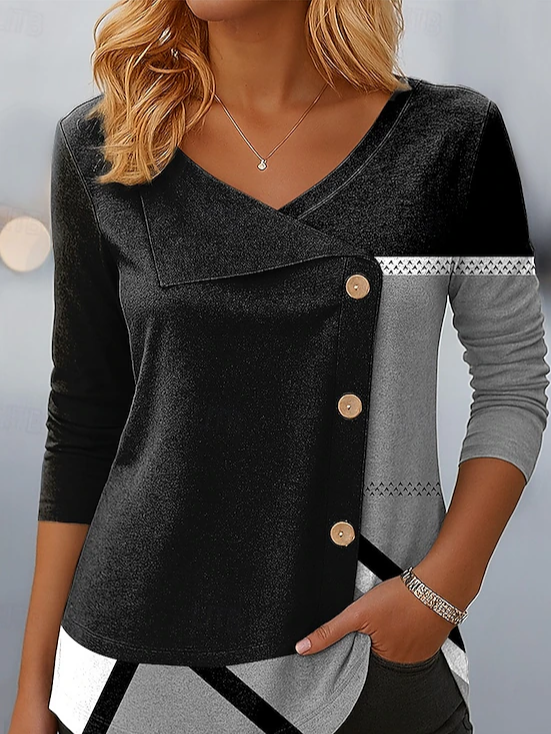 Women's Long Sleeve T-shirt Spring/Fall Black Abstract Printing V Neck Daily Going Out Casual Top