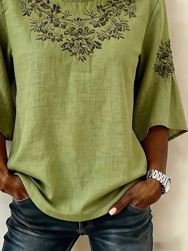 Women's Half Sleeve Blouse Summer Green Floral Printing Crew Neck Daily Going Out Vintage Top