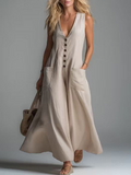 Plian V Neck Sleeveless Button PatCH Pocket Casual Maxi Dress