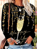 Women's Happy New Year Print Crew Neck Long Sleeve T-Shirt