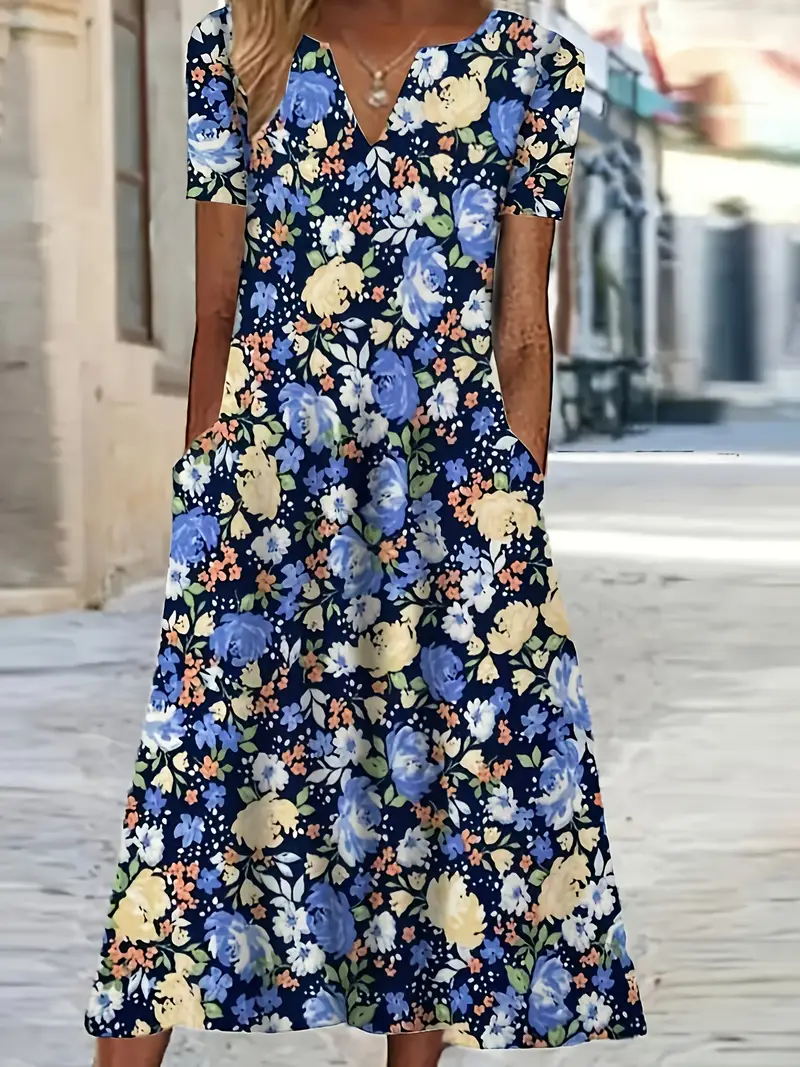 Women's Short Sleeve Summer Blue Floral Printing V Neck Daily Going Out Casual Maxi H-Line Fit & Flare Dress Dress