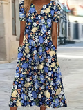 Women's Short Sleeve Summer Blue Floral Printing V Neck Daily Going Out Casual Maxi H-Line Fit & Flare Dress Dress