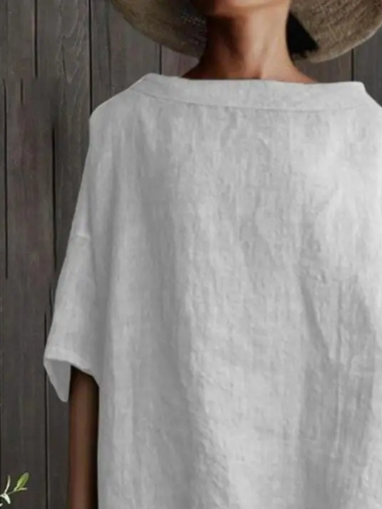 Cotton Casual Plain Crew Neck Blouse