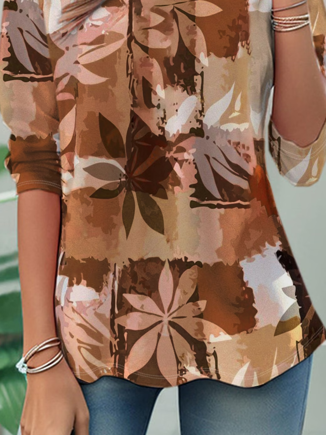Women's Long Sleeve T-shirt Spring/Fall Brown Floral Jersey Crew Neck Daily Going Out Casual Top