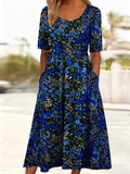 Women's Short Sleeve Summer Blue Floral Printing Crew Neck Daily Going Out Casual Maxi H-Line Shift Dress Dress