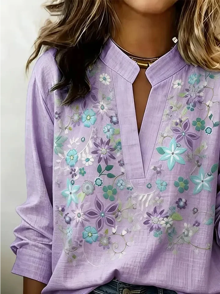 Women's V-Neck Button-Down Printed Long-Sleeve Shirt