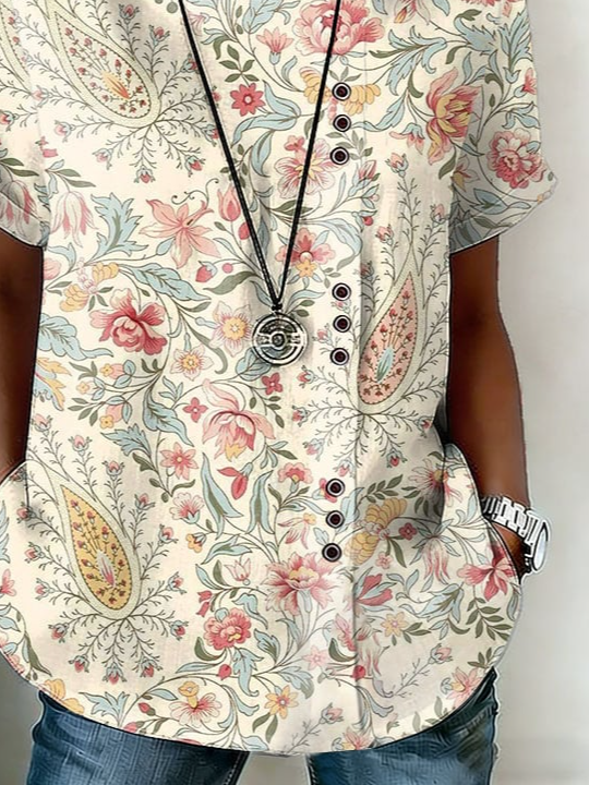 Crew Neck Vintage Linen Blend Shirt