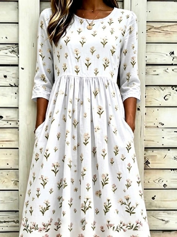 Women's Half Sleeve Summer White Floral Printing Crew Neck Daily Going Out Casual Maxi H-Line Dress