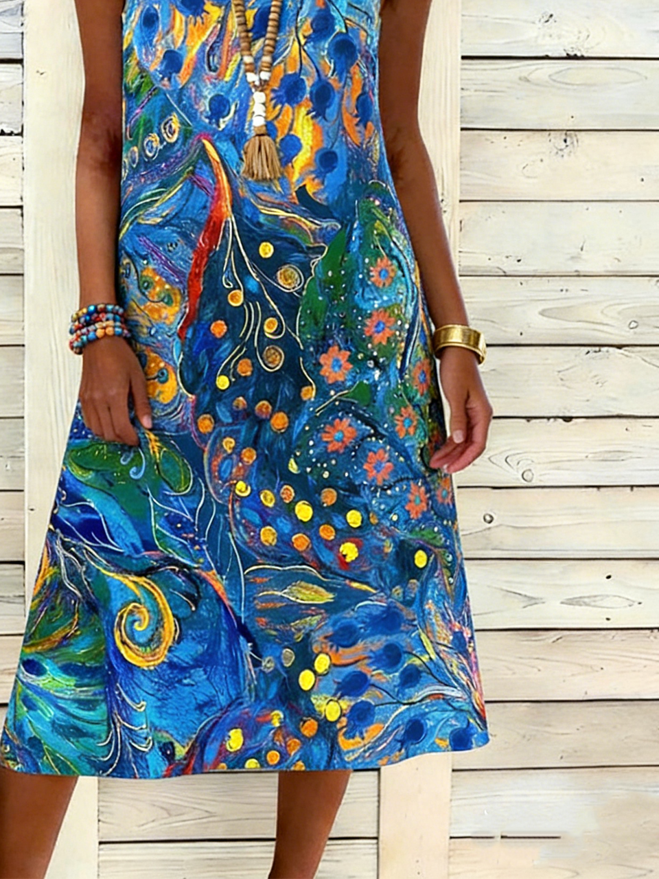Casual Psychedelic Art Cotton Dress With No