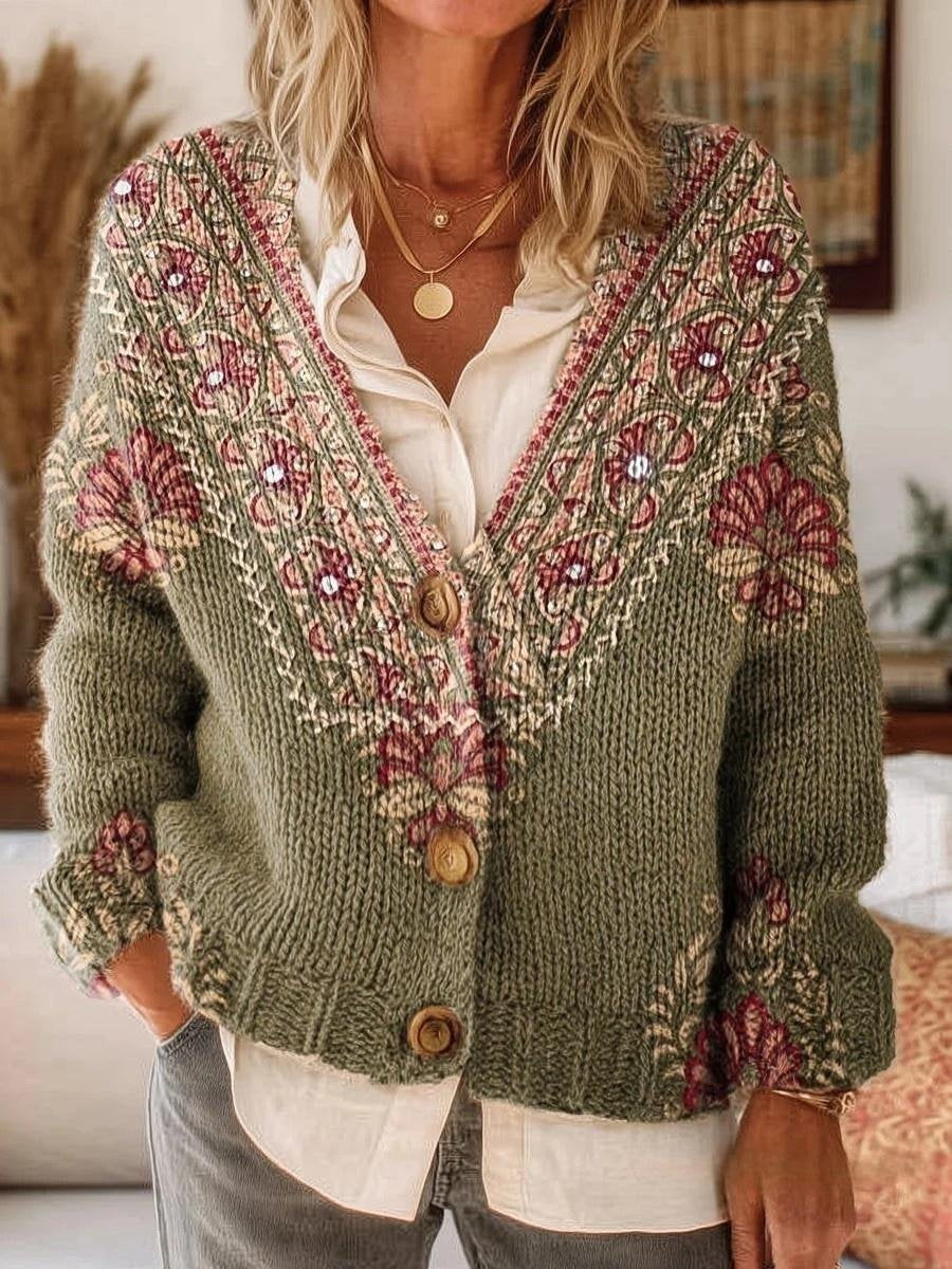Women's Vintage Multicolor Collage Floral Print Button-Up V-Neck Cardigan Sweater