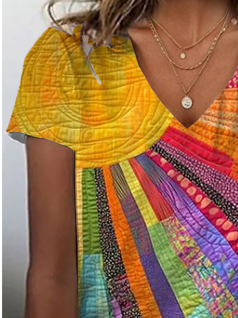 Women's Spring and Summer Hippie Print Casual V-Neck Short Sleeve T-Shirt