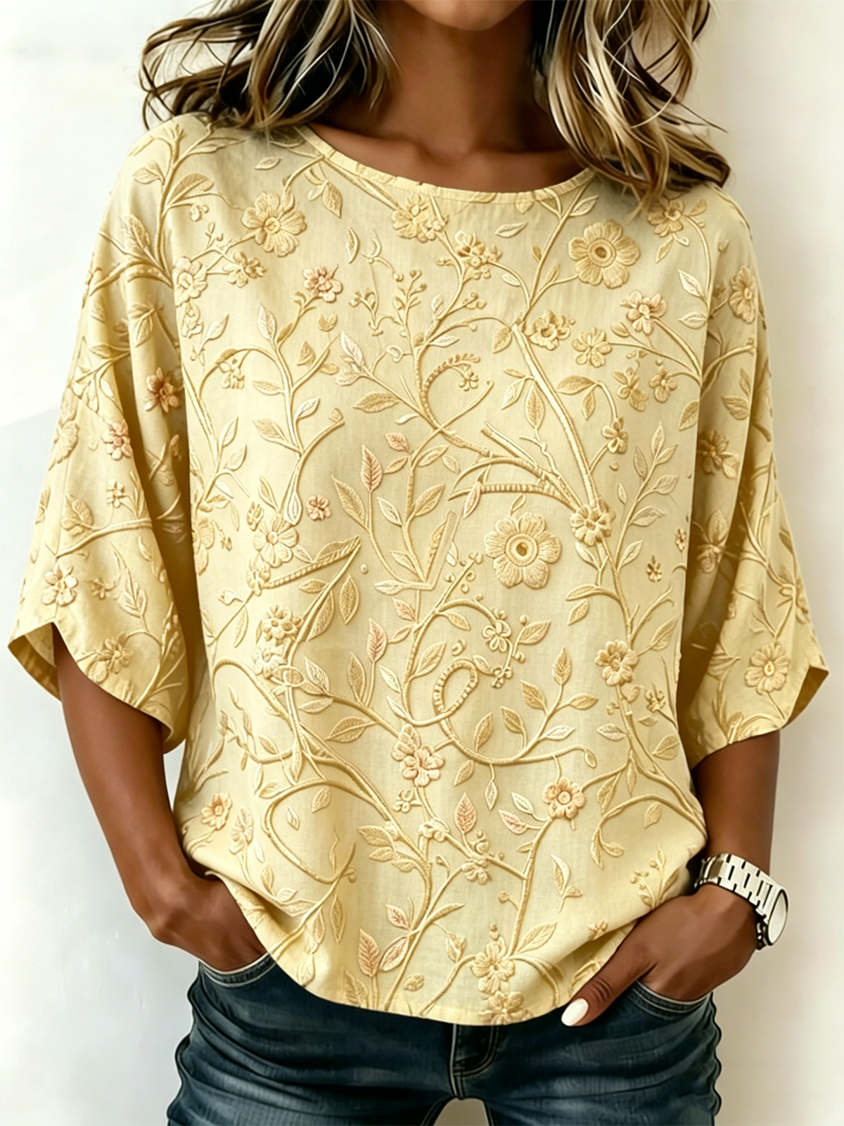 Women's Purple Floral Print Blouse Round Neck Short Sleeve Casual Top