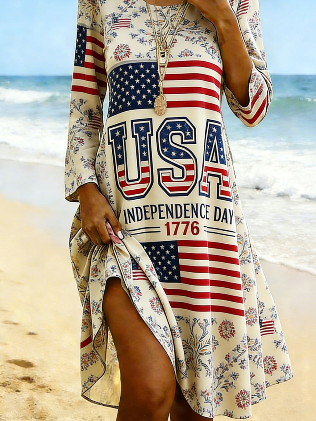Women Floral Summer Dress America Flag Crew Neck 250th Anniversary Dress