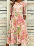 Elegant Crew Neck Loose Floral Dress With No