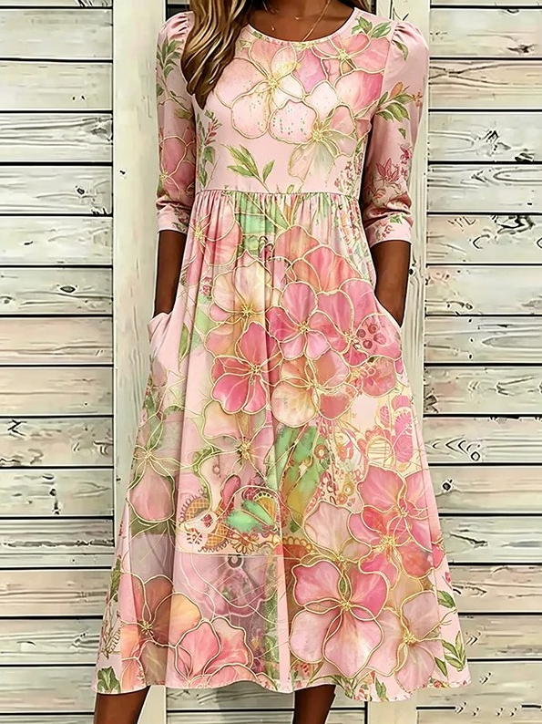 Elegant Crew Neck Loose Floral Dress With No