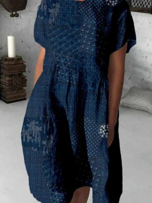 Japanese Traditional Sashiko Art Linen Blend Midi Dress
