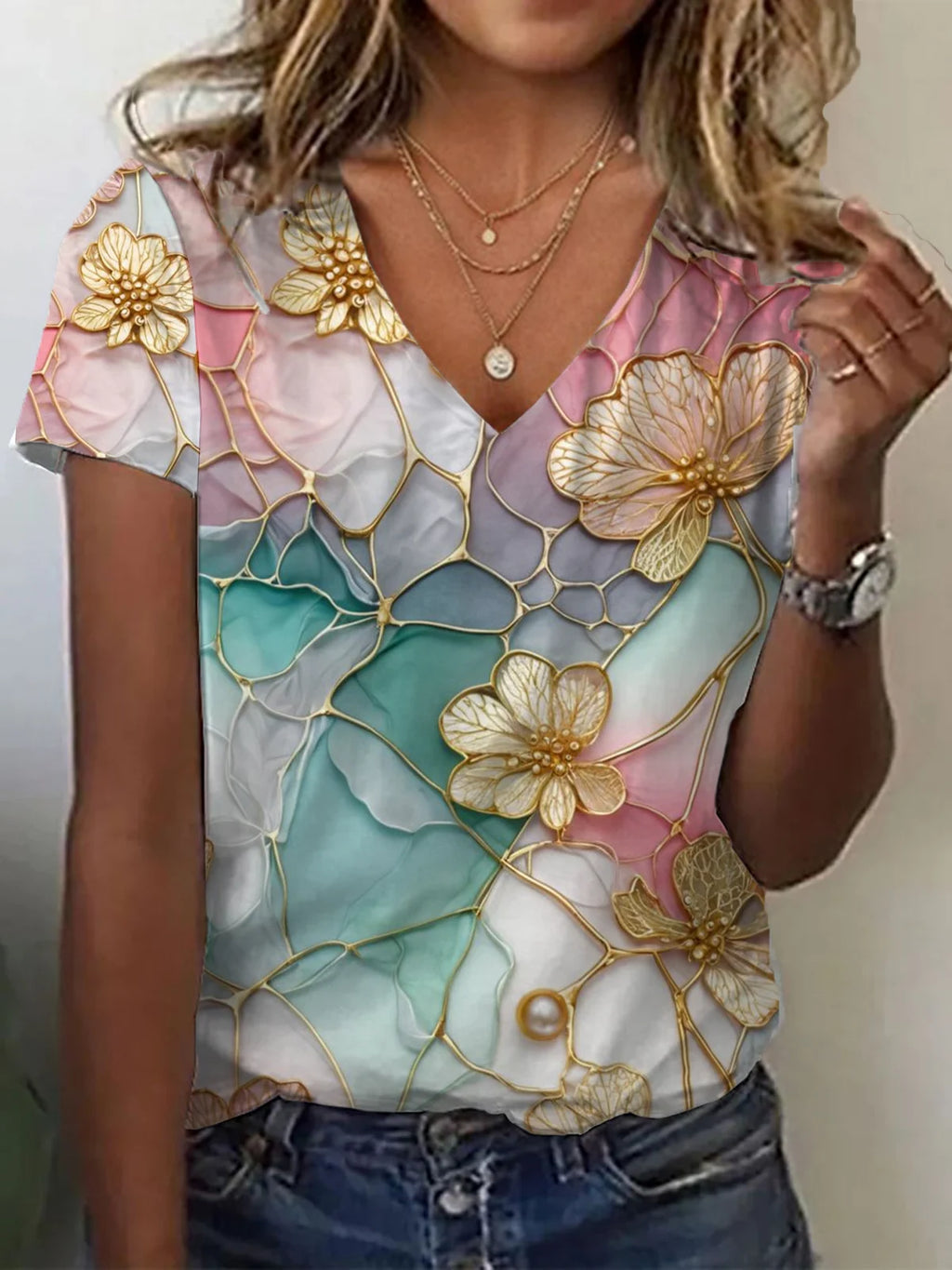 Women's Spring and Summer Floral Print Casual V-Neck Short Sleeve T-Shirt