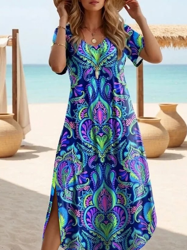 Women's Short Sleeve Summer Blue Ethnic Printing Crew Neck Daily Going Out Casual Maxi H-Line T-Shirt Dress Dress