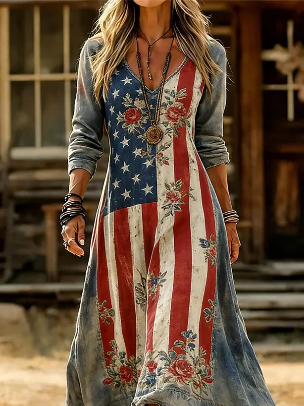 Women's Long Sleeve Spring/Fall As Picture America Flag Printing V Neck Daily Going Out Vintage Maxi H-Line Dress