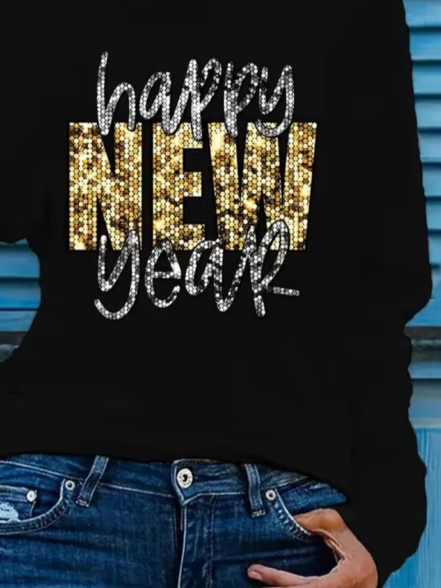 Women's Long Sleeve Happy New YearT-shirt Spring/Fall Black Text Letters Jersey Crew Neck Daily Going Out Casual Top