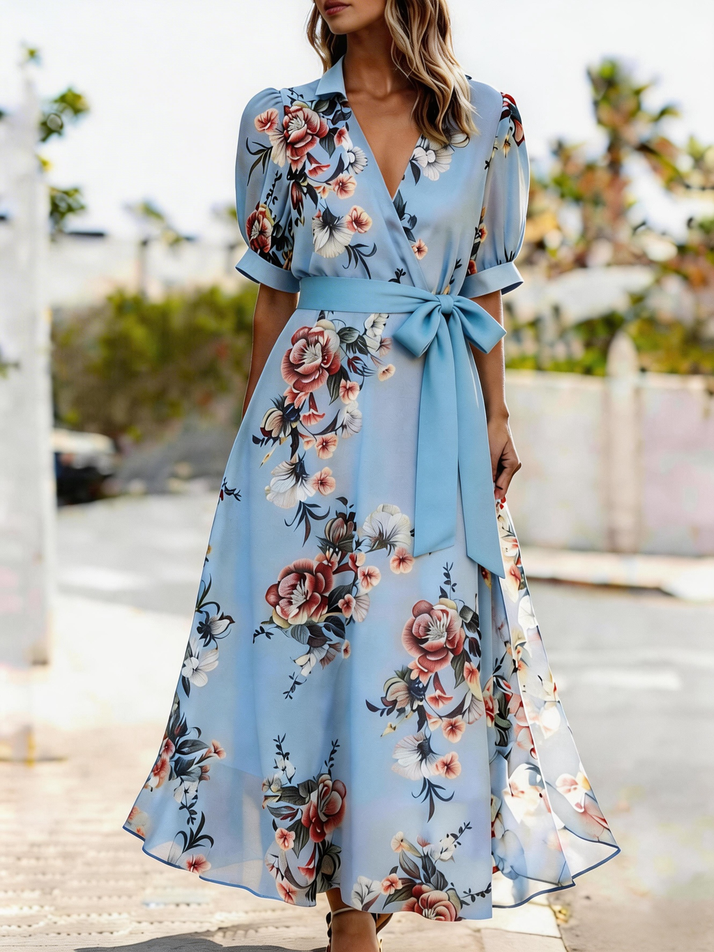Regular Fit Floral Elegant V Neck Dress With No
