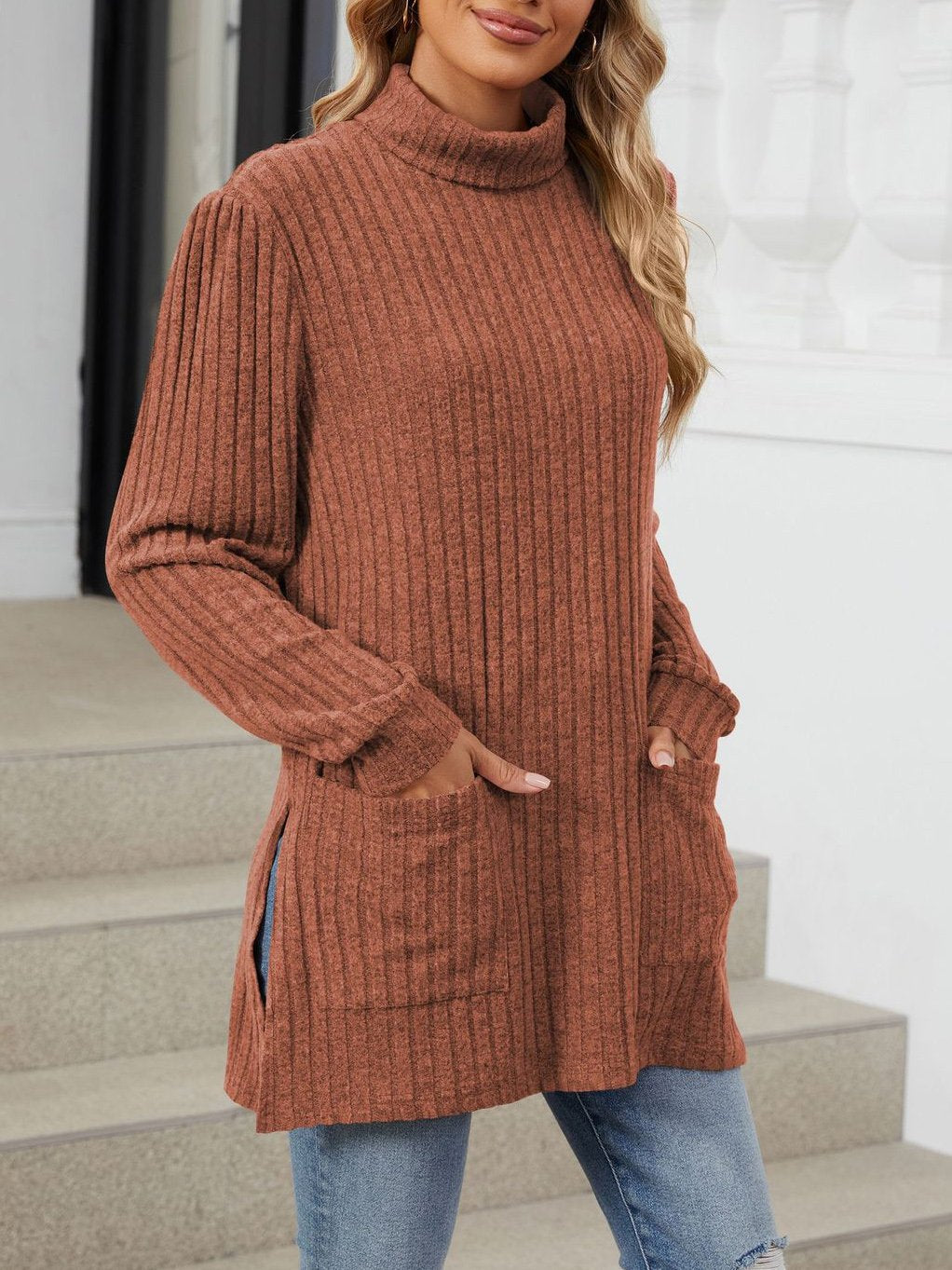 Ribbing Casual Pocket Stitching Loose T-Shirt