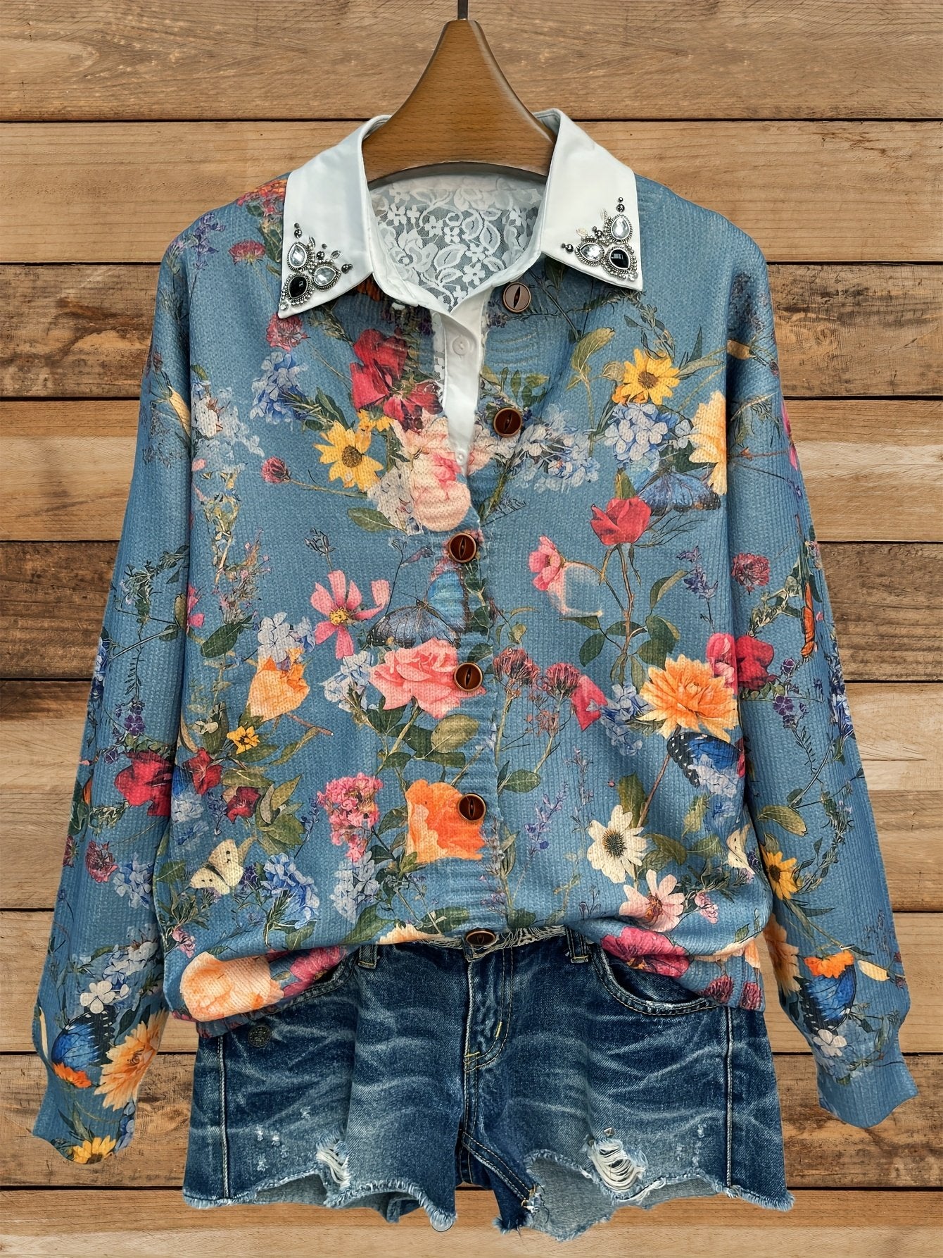 Ethnic Floral Knitted Crew Neck Cardigan
