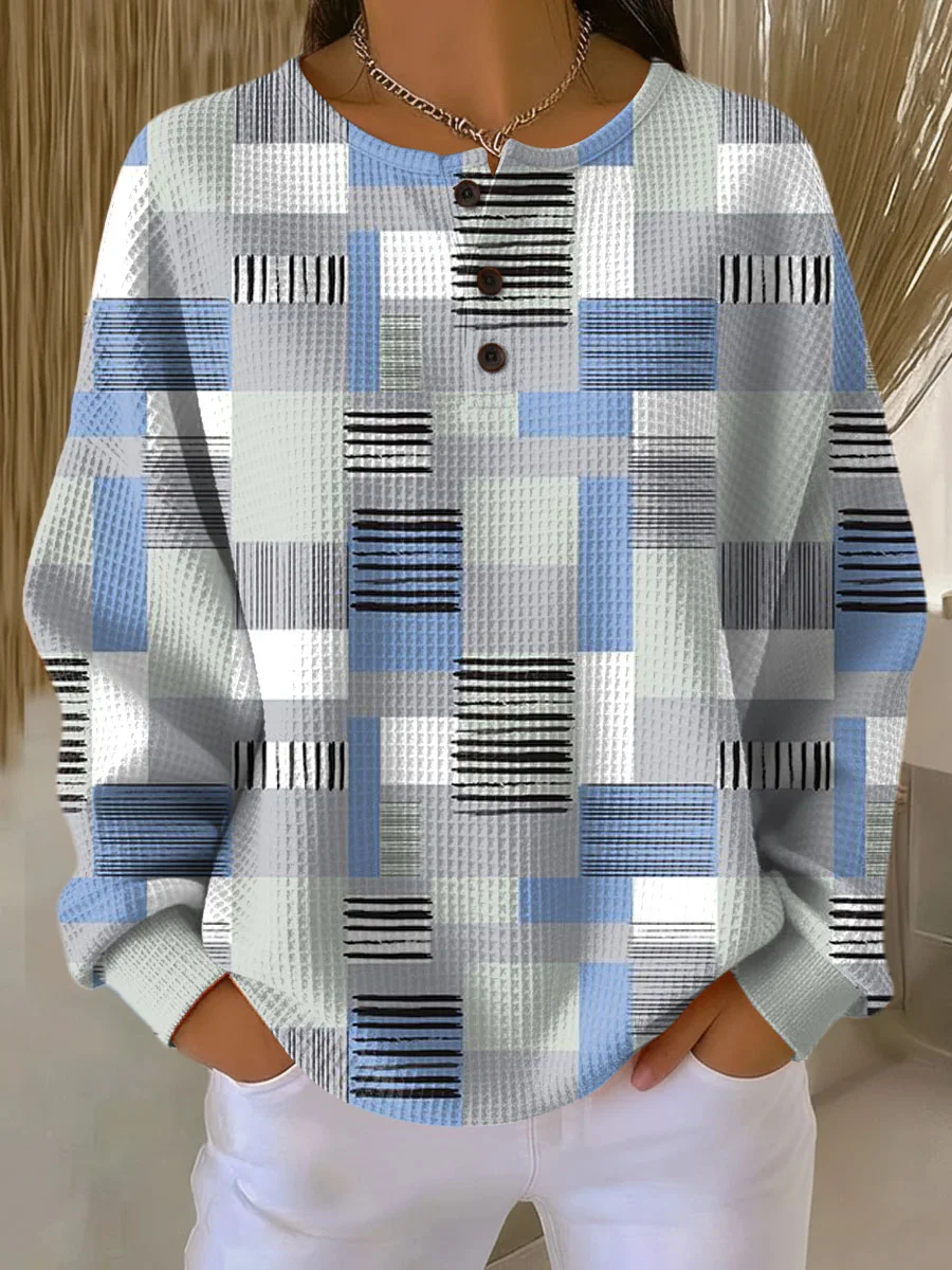 Women's Abstract Print Button-Up Casual Waffle Knit Sweatshirt