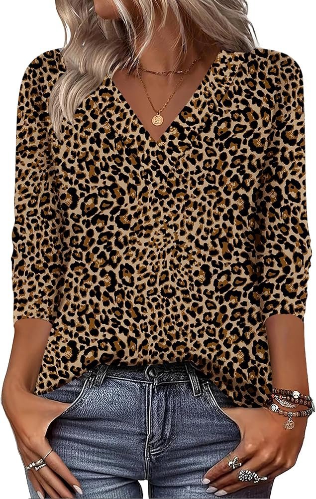 V Neck Cotton-Blend Leopard Casual T-Shirt